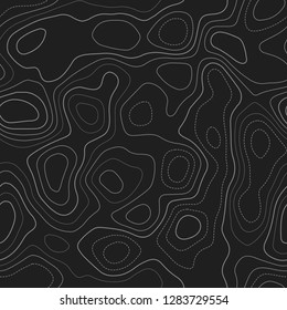 Topographic contours. Actual topography map. Dark seamless design, captivating tileable isolines pattern. Vector illustration.