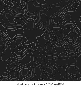 Topographic contours. Actual topography map. Dark seamless design, awesome tileable isolines pattern. Vector illustration.