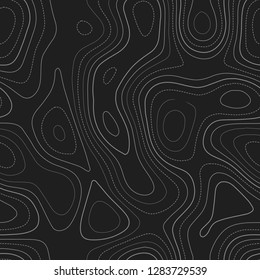 Topographic contours. Admirable topography map. Dark seamless design, fair tileable isolines pattern. Vector illustration.