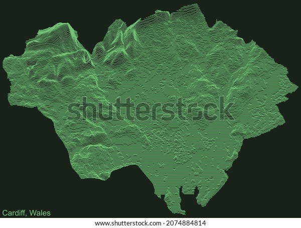 Topographic\
emerald relief map of the city of Cardiff, United Kingdom with\
white contour lines on dark green\
background