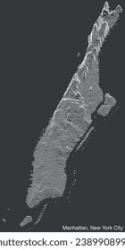 Topographic exaggerated relief map of the borough of MANHATTAN, NEW YORK CITY with solid contour lines and name tag on vintage background