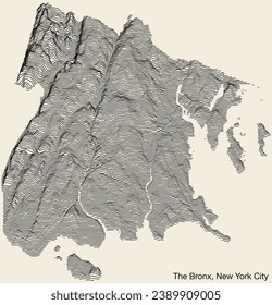 Mapa de relieve exagerado topográfico del barrio de THE BRONX, CIUDAD DE NUEVA YORK con líneas de contorno sólido y etiqueta de nombre en fondo vintage