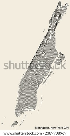 Topographic exaggerated relief map of the borough of MANHATTAN, NEW YORK CITY with solid contour lines and name tag on vintage background