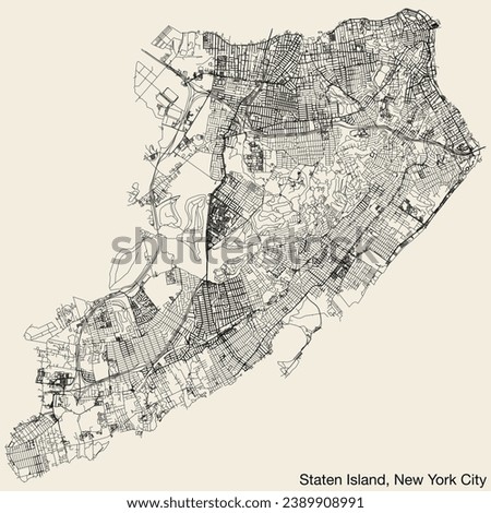 Topographic exaggerated relief map of the borough of the STATEN ISLAND, NEW YORK CITY with solid contour lines and name tag on vintage background