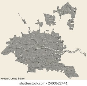 Topographic exaggerated relief map of HOUSTON, TEXAS with solid contour lines and name tag on vintage background