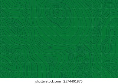 Topographic Green Landscape Map with Grid and Lines, Outline Terrain. Banner with geographic mountain relief. Wavy abstract contour background with cartography texture 