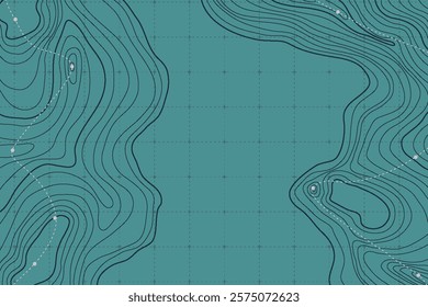 Topographic Landscape Map with Grid and Lines, Outline Terrain. Banner with geographic mountain relief. Wavy abstract contour background with cartography texture 