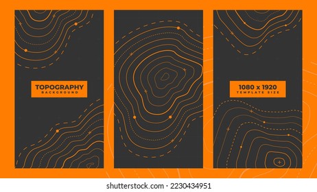 Topographic line contour background, vertical banner of topography geographic grid map pattern with copy space, abstract stock vector illustration for socail media post