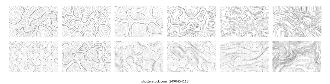 Topographic line contour map background set. Geographic abstract grid. Terrain map big set