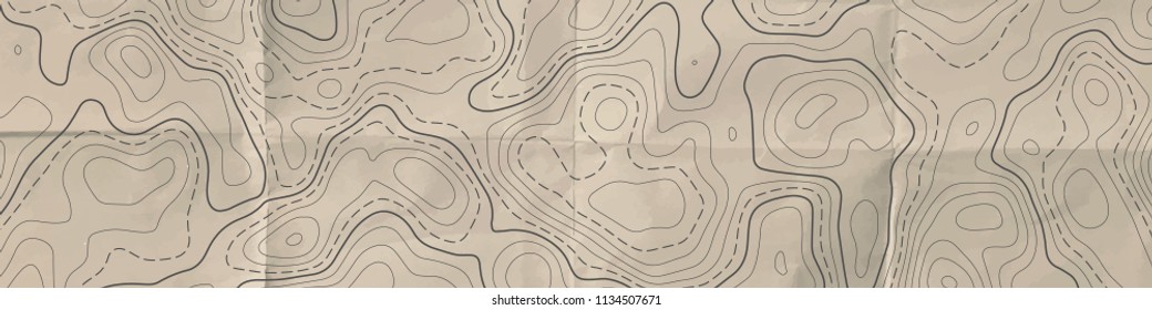 Topographic line map. Abstract topographic map horizontal banner. Aged paper effect. Vector background.