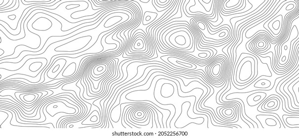 Topographisches Linienkartenmuster. Schwarzer Kontrast und strukturierter Hintergrund des geografischen Landschaftsgeländes für Wandern und Bergsport. Vektorgrafik