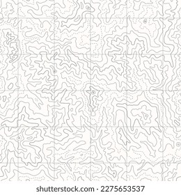 Topographic line map, topo curves seamless monochrome texture. Line topography map contour background with abstract shapes and geographic grid vector illustration