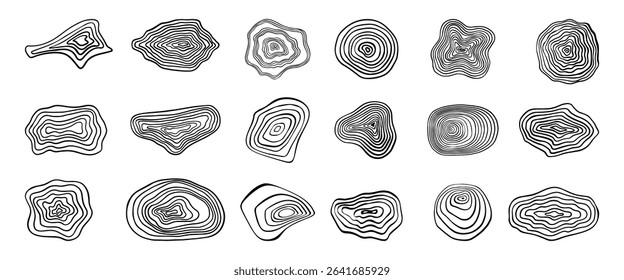 Topographic lines set. Abstract organic shapes, geometric stripes. Wooden textures, map design elements. Contour shape neoteric vector set