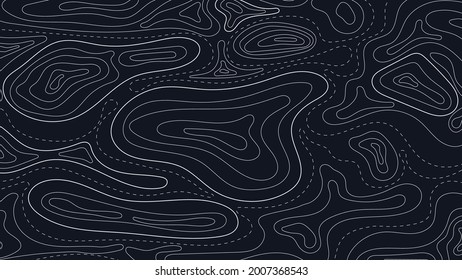 Topographic map abstract background. Outline cartography landscape. Topographic relief map on dark backdrop. Modern cover design with wavy lines. Vector illustration with weather map outline pattern