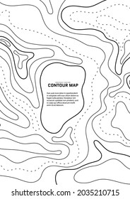 Topographic map abstract background. Outline cartography landscape. Topographic relief map on white backdrop. Modern cover design with wavy lines. Vector illustration with weather map outline pattern