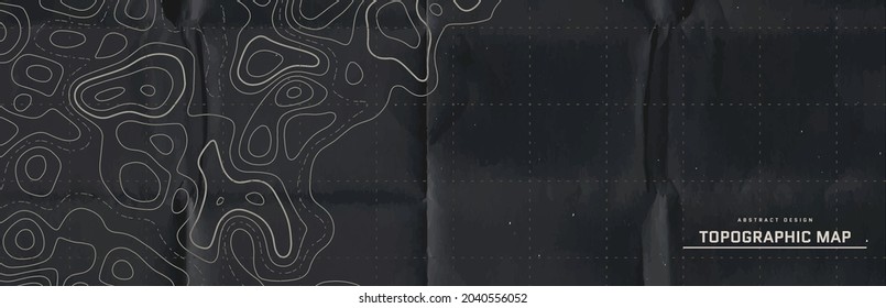Topographic map abstract background. Outline cartography landscape. Topographic relief map on dark backdrop. Modern cover design with wavy lines. Vector illustration with weather map outline pattern
