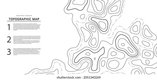 Topographic map abstract background. Outline cartography landscape. Topographic relief map on white backdrop. Modern cover design with wavy lines. Vector illustration with weather map outline pattern