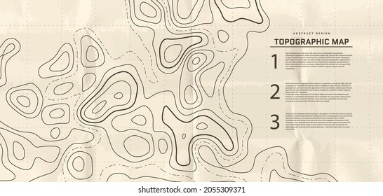 Fondo abstracto del mapa topográfico. Esbozar el paisaje cartográfico. Mapa de alivio topográfico en papel viejo. Diseño de cubierta retro con líneas onduladas. Ilustración vectorial con patrón de contorno del mapa meteorológico.