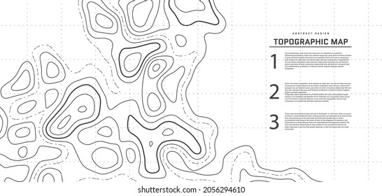 Topographic map abstract background. Outline cartography landscape. Topographic relief map on white backdrop. Modern cover design with wavy lines. Vector illustration with weather map outline pattern