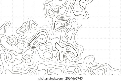 Topographic map abstract background. Outline cartography landscape. Topographic relief map on white backdrop. Modern cover design with wavy lines. Vector illustration with weather map outline pattern