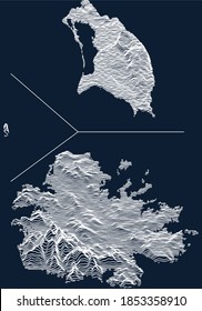 Topographische Karte von Antigua und Barbuda mit weißen Konturen auf dunkelblauem Hintergrund