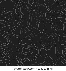 Topographic map background. Actual topography map. Dark seamless design, appealing tileable isolines pattern. Vector illustration.