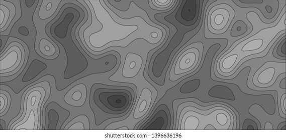 Topographic map background with black lines on gray gradient background. Fictional Geography of a terrain map. contour lines on a geographic map