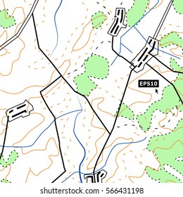 Topographic Map Background Concept With Roads, Forests, Settlements, Relief Contours. Cartography Vector Graphic In Colour.