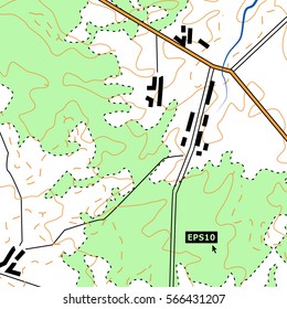 Topographic Map Background Concept With Roads, Forests, Settlements, Relief Contours. Cartography Vector Graphic In Colour.