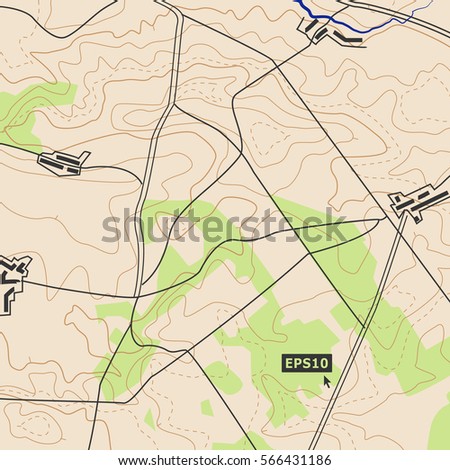 Topographic Map Background Concept With Roads, Forests, Settlements, Relief Contours. Can Be Used For Wallpaper, Web Page Background, Surface Textures, Banner Flyer, Book Cover, Poster