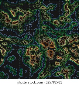 Topographic map background concept. Topo contour map. Vector abstract illustration. Hills, rivers and mountains. Geography concept. Wavy graphic backdrop. Cartography and topology. Seamless texture. 