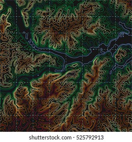 Topographic map background concept. Topo contour map. Vector abstract illustration. Hills, rivers and mountains. Geography concept. Wavy graphic backdrop. Cartography and topology. 