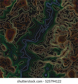 Topographic map background concept. Topo contour map. Vector abstract illustration. Hills, rivers and mountains. Geography concept. Wavy graphic backdrop. Cartography and topology.