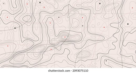 Fondo del mapa topográfico. Mapa de líneas geográficas con asignaciones de elevación. Cuadrícula geográfica de fondo de contorno. Ilustración vectorial.