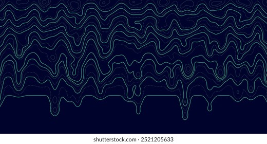Topographic map background on blue background. Geographic green line map with elevation assignments. Contour background geographic grid. Vector illustration.