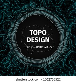 Topographic map background with space for copy. Contour elevation topographic vector map. Geographic grid abstract vector illustration. Mountain, cartography, earth, nature, travel concept. Blue, dark