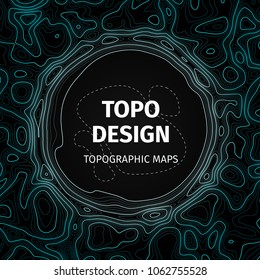 Topographic map background with space for copy. Contour elevation topographic vector map. Geographic grid abstract vector illustration. Mountain, cartography, earth, nature, travel concept. Blue, dark