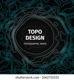 Topographic map background with space for copy. Contour elevation topographic vector map. Geographic grid abstract vector illustration. Mountain, cartography, earth, nature, travel concept. Blue, dark