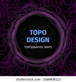 Topographic map background with space for copy. Contour elevation topographic vector map. Geographic grid abstract vector illustration. Mountain, cartography, earth, nature, travel concept. Violet 