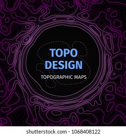 Topographic map background with space for copy. Contour elevation topographic vector map. Geographic grid abstract vector illustration. Mountain, cartography, earth, nature, travel concept. Violet 