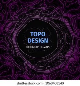 Topographic map background with space for copy. Contour elevation topographic vector map. Geographic grid abstract vector illustration. Mountain, cartography, earth, nature, travel concept. Violet 