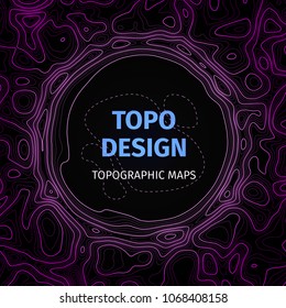 Topographic map background with space for copy. Contour elevation topographic vector map. Geographic grid abstract vector illustration. Mountain, cartography, earth, nature, travel concept. Violet 