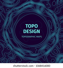 Topographic map background with space for copy. Contour elevation topographic vector map. Geographic grid abstract vector illustration. Mountain, cartography, earth, nature, travel concept. Blue wire
