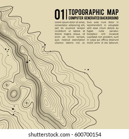 Topographic map background with space for copy .  Line topography map contour background , geographic grid abstract vector illustration . Mountain hiking trail over terrain .