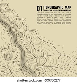 Topographic map background with space for copy .  Line topography map contour background , geographic grid abstract vector illustration . Mountain hiking trail over terrain .