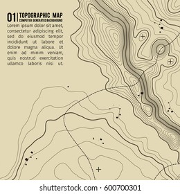 Topographic map background with space for copy .  Line topography map contour background , geographic grid abstract vector illustration . Mountain hiking trail over terrain .