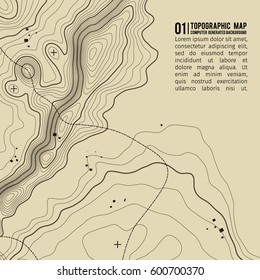 Topographic map background with space for copy .  Line topography map contour background , geographic grid abstract vector illustration . Mountain hiking trail over terrain .