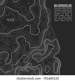 Topographic map background with space for copy . Line topography map contour background , geographic grid abstract vector illustration . Mountain hiking trail over terrain .