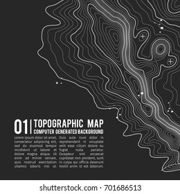 Topographic map background with space for copy . Line topography map contour background , geographic grid abstract vector illustration . Mountain hiking trail over terrain .