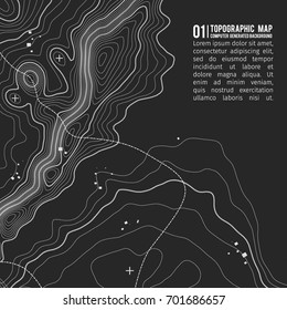 Topographic map background with space for copy . Line topography map contour background , geographic grid abstract vector illustration . Mountain hiking trail over terrain .